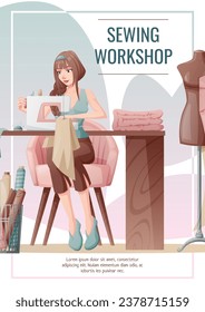 Flyer design with seamstress. Banner poster with a girl creating clothes on a sewing machine. Work in a sewing workshop, atelier, tailoring courses.