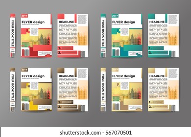 Flyer Design Set. A4 Brochure template vector. Creative book front, back and spine covers. Annual Report Presentation.