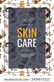 Flyer design with set of beauty products, cosmetics, soap, woman. Beauty, skin care, body care, cleansing concept. Vector illustration for banner, poster, promo.