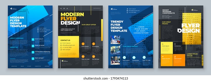 Flyer Design Set. Dark Blue an Yellow Modern Flyer Background Design. Template Layout for Flyer. Concept with Dynamic Line Shapes. Vector Background.