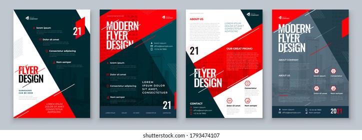 Flyer Design Set. Dark Red Modern Flyer Background Design. Template Layout for Flyer. Concept with Dynamic Line Shapes. Vector Background.