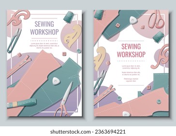Flyer design set forwith pattern, thread, pattern, scissors. Needlework, hobby, sewing. Poster, banner for sewing shop, workshop, atelier.