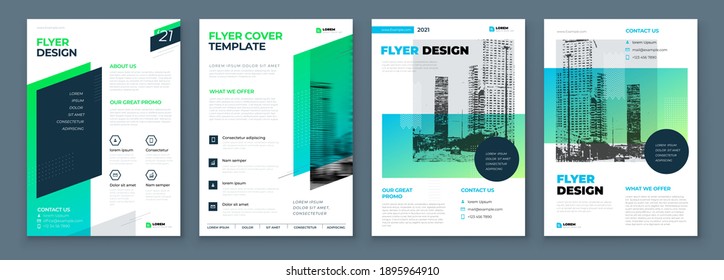 Flyer Design Set. Green Modern Flyer Background Design. Template Layout for Flyer. Concept with Dynamic Line Shapes. Vector Background.
