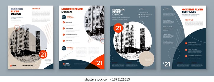 Flyer Design Set. Modern Flyer Background with Orange and Grey Accents. Template Layout for Flyer. Concept with Dynamic Circle Shapes. Vector Background.