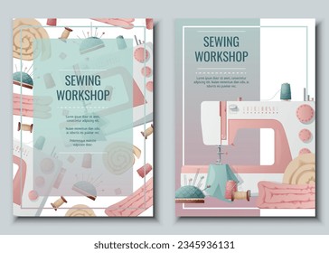 Flyer design set with sewing machine and sewing supplies. Light industry. Needlework, hobby, sewing. Poster banner for sewing shop, workshop, atelier.