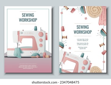 Flyer design set with sewing machine and sewing supplies. Light industry. Needlework, hobby, sewing. Poster banner for sewing shop, workshop, atelier.