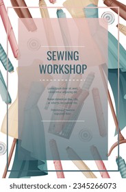 Flyer design with sewing mannequin and fabric rolls. Light industry. Needlework, hobby, sewing. Poster banner for sewing shop, workshop, atelier.