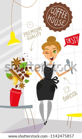 Flyer design with Shef cartoon character and "flying" food in flat style for your projects in the food industry