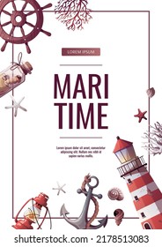 Flyer design with Ship's steering wheel, anchor, sand bottle, corals, starfishes, seashells, lighthouse. Maritime, sea coast, marine life, nautical concept. Vector illustration. 