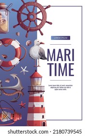 Flyer design with Ship's steering wheel, anchor, lifebuoy, sand bottle, corals, starfishes, seashells, lighthouse. Maritime, sea coast, marine life, nautical concept. Vector illustration. 