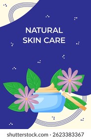Flyer design with skincare products organic cosmetics, beauty products. For beauty, spa, wellness, natural products, cosmetics, body care. Vector illustration for poster, banner, advertising, flyer.
