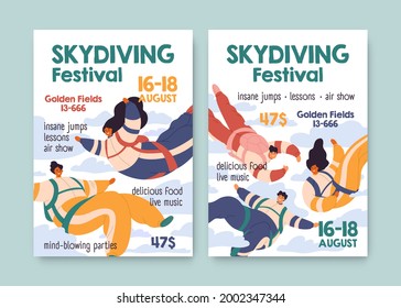 Flyer design of skydiving festival. Vertical banner template for skydiver's event. Backgrounds with parachute sport ad. Colored flat vector illustration of posters with people flying in sky