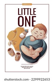 Flyer design with sleeping swaddled baby boy, bodysuit, shoes and baby bottle. Newborn, childbirth, baby care, babyhood concept. A4 vector illustration for poster, banner, flyer.