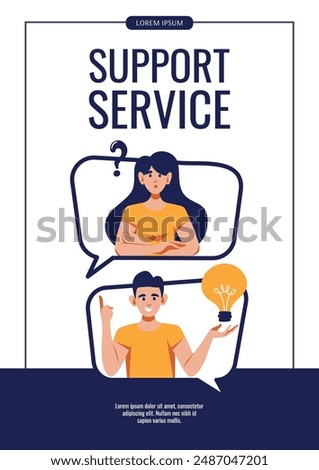 Flyer design with Speech bubbles with people. Woman with question icon and man with bulb icon. Vector illustration for banner, promo, advertising. Decision, support, problem solution, idea concept.