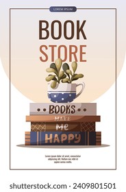 Flyer design with Stack of books and potted plant. Bookstore, bookshop, book lover, reading, interior concept. Vector illustration for banner, promo, poster.