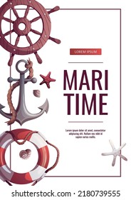 Flyer design with steering wheel, Anchor and lifebuoy. Maritime, sea coast, marine life, nautical concept. Vector illustration. Flyer, cover, banner template.