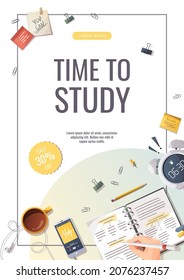 Flyer Design With Study Supplies For Studying, Education, Learning, Back To School, Student, Stationery. A4 Vector Illustration For Poster, Banner,  Advertising.