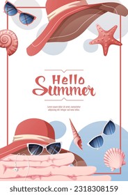 Flyer design with summer accessories. Beach hat, sunglasses, towel, seashells.Beach vibe, summer time. Banner poster, background for summer party, advertising promotion, invitation