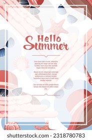 Flyer design with summer accessories. Beach hat, sunglasses, towel, seashells.Beach vibe, summer time. Banner poster, background for summer party, advertising promotion, invitation
