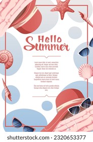 Flyer design with summer accessories. Beach hat, sunglasses, towel, seashells.Beach vibe, summer time. Banner poster, background for summer party, advertising promotion, invitation
