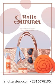 Flyer design with summer accessories. Wicker bag, towel, sunscreen. Beach vibe, summer time. Banner poster, background for summer party, advertising promotion, invitation