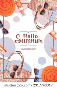 Flyer design with summer accessories. Wicker bag, towel, sunscreen. Beach vibe, summer time. Banner poster, background for summer party, advertising promotion, invitation