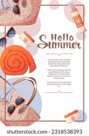 Flyer design with summer accessories. Wicker bag, towel, sunscreen. Beach vibe, summer time. Banner poster, background for summer party, advertising promotion, invitation