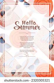 Flyer design with summer accessories. Wicker bag, towel, sunscreen. Beach vibe, summer time. Banner poster, background for summer party, advertising promotion, invitation