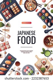 Flyer design with Sushi, Miso soup, ramen, onigiri, dango, mochi, matcha tea. Japanese food, healthy eating, cooking, menu concept. Vector illustration. Banner, promo, flyer, advertising.