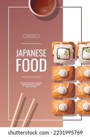 Diseño de volante con rollos de Sushi. Comida japonesa, comida saludable, cocina, menú, concepto de nutrición. Ilustración vectorial. Cartel, volante, promoción, publicidad. 