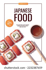 Flyer design with Sushi rolls. Japanese food, healthy eating, cooking, menu, nutrition concept. Vector illustration. Banner, flyer, promo, advertising. 