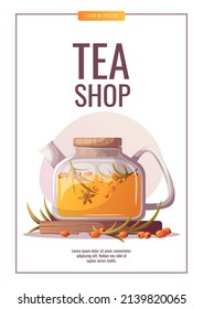 Flyer design with teapot with sea buckthorn tea. Tea shop, break, cafe-bar, tea lover, tea party, beverages concept. A4 vector illustration for poster, banner, flyer, menu, advertising. 