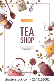 Flyer design with teapots, jar of loose tea, teacups. Tea shop, break, cafe-bar, tea lover, tea party, beverages concept. A4 vector illustration for poster, banner, flyer, menu, advertising. 