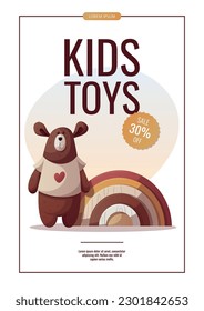 Flyer design with teddy bear and baby wooden rainbow. Baby waiting, children's toys. A4 vector illustration for poster, banner, flyer, advertising.