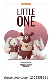 Flyer design with teddy bear and plush bunnies. Children's toys, kid's shop, playing, childhood concept. A4 Vector illustration for banner, flyer, advertising.