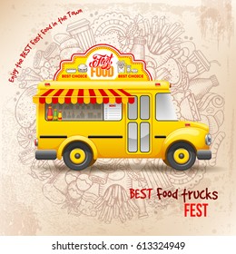 Flyer design template for Food truck. Cute vintage food truck on background with doodle on fast food theme. Vector illustration. For ad flyers and banners design.