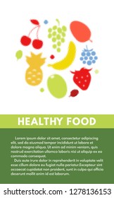 Flyer design template with fruits. Halftone vector fruits. Healthy food. Pop art template for healthy magazines, marketing material, ads