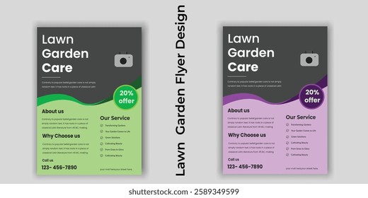 Flyer design template for lawn care and gardening services. Design of a poster leaflet promoting gardening and tree services. Template for lawnmower flyers. Lawn and gardening service flyer design tem