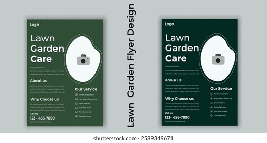 Flyer design template for lawn care and gardening services. Design of a poster leaflet promoting gardening and tree services. Template for lawnmower flyers. Lawn and gardening service flyer design tem