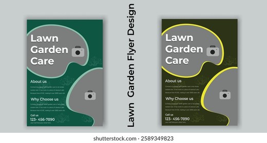 Flyer design template for lawn care and gardening services. Design of a poster leaflet promoting gardening and tree services. Template for lawnmower flyers. Lawn and gardening service flyer design tem