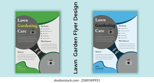 Flyer design template for lawn care and gardening services. Design of a poster leaflet promoting gardening and tree services. Template for lawnmower flyers. Lawn and gardening service flyer design tem