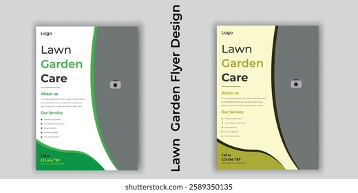 Flyer design template for lawn care and gardening services. Design of a poster leaflet promoting gardening and tree services. Template for lawnmower flyers. Lawn and gardening service flyer design ...