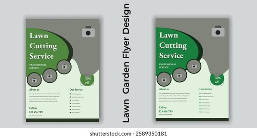 Flyer design template for lawn care and gardening services. Design of a poster leaflet promoting gardening and tree services. Template for lawnmower flyers. Lawn and gardening service flyer design ...