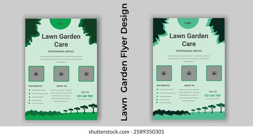 Flyer design template for lawn care and gardening services. Design of a poster leaflet promoting gardening and tree services. Template for lawnmower flyers. Lawn and gardening service flyer design