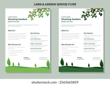 Flyer design template for lawn and gardening services. Design of a poster leaflet for gardening and tree services. Template for lawn mower flyers A relaxing watercolor depiction of a circular garden.