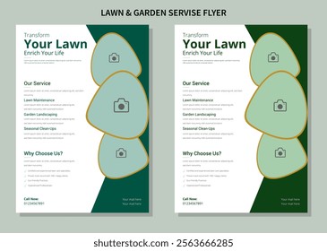 Flyer design template for lawn and gardening services. Design of a poster leaflet for gardening and tree services. Template for lawn mower flyers A relaxing watercolor depiction of a circular garden.