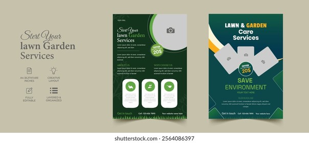 Flyer design template for lawn and gardening services. Design of a poster leaflet for gardening and tree services. Template for lawnmower flyers
Lawn mower landscaping garden service flyer brochure co