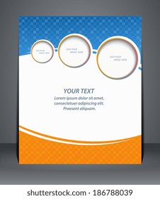 Flyer design, template, or a magazine cover in blue and orange colors.  Vector