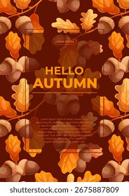 Eine Flyer-Designvorlage mit Eichenzweigen, Blättern und Eicheln auf braunem Hintergrund. Das Konzept des Herbstes, Thanksgiving Tag. Vektorgrafik zur saisonalen Gestaltung von Bannern, Postern, Werbeaktionen