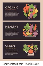 Flyer design template with organic, healthy, vegan food. Banners with vector illustrations of vegetables, berries, dishes, cutlery, tomato, broccoli, garlic. For vegetarian cafe, menu, book recipes.